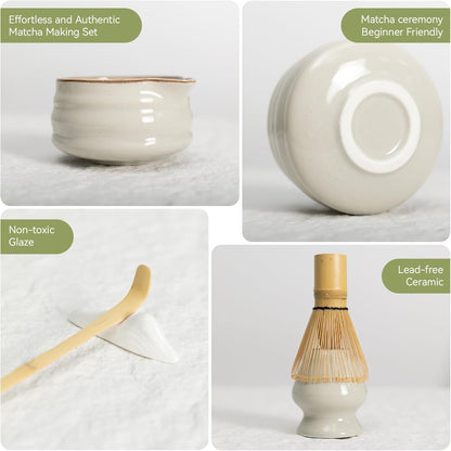 Complete matcha kit with ceramic bowl, bamboo whisk, whisk holder, scoop and sifter, designed for Japanese tea ceremony, daily matcha and gifts.