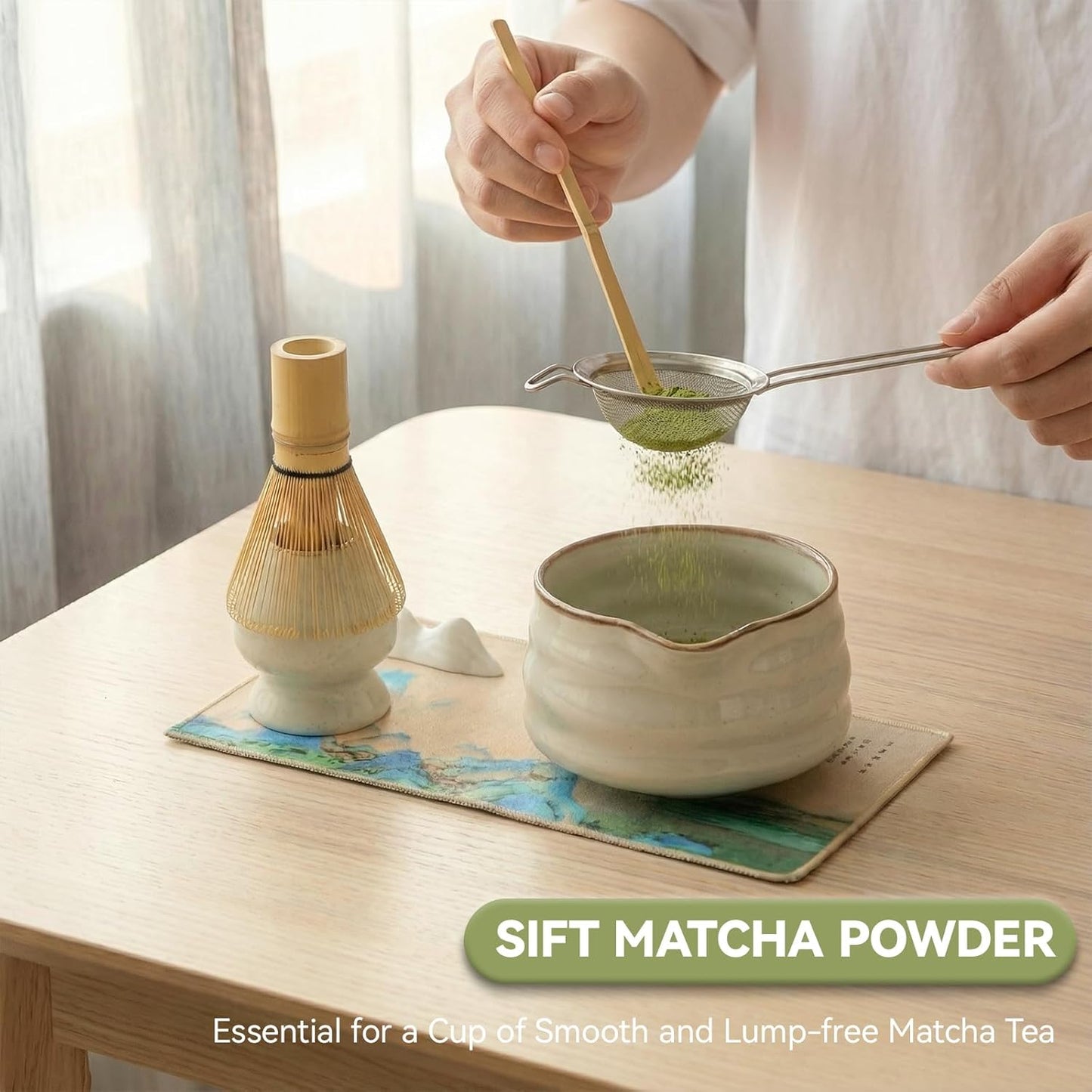 Complete matcha kit with ceramic bowl, bamboo whisk, whisk holder, scoop and sifter, designed for Japanese tea ceremony, daily matcha and gifts.