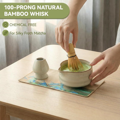 Complete matcha kit with ceramic bowl, bamboo whisk, whisk holder, scoop and sifter, designed for Japanese tea ceremony, daily matcha and gifts.