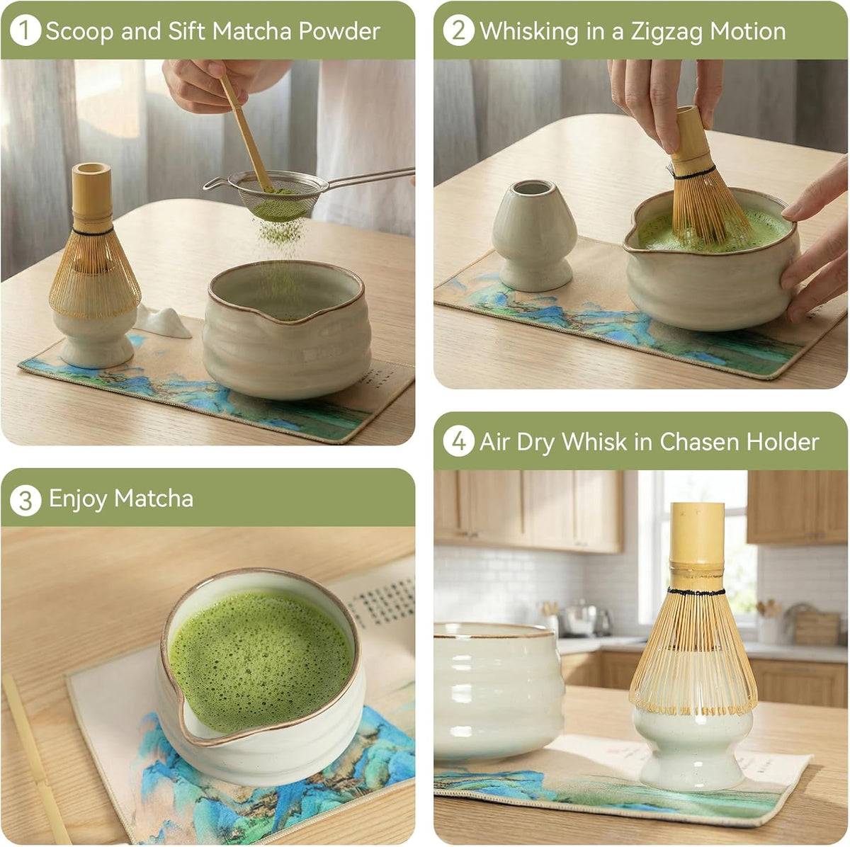 Complete matcha kit with ceramic bowl, bamboo whisk, whisk holder, scoop and sifter, designed for Japanese tea ceremony, daily matcha and gifts.