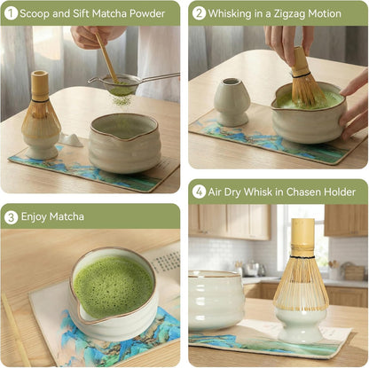 Complete matcha kit with ceramic bowl, bamboo whisk, whisk holder, scoop and sifter, designed for Japanese tea ceremony, daily matcha and gifts.