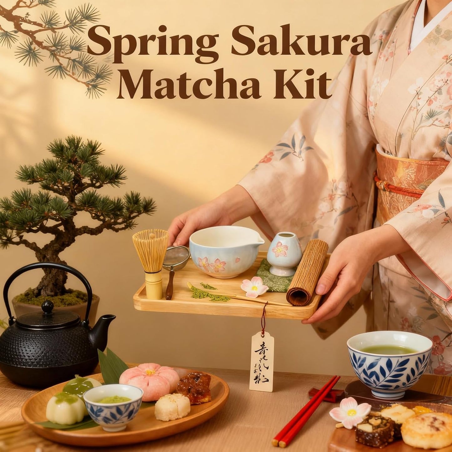 Complete matcha kit with ceramic bowl, bamboo whisk, whisk holder, scoop and sifter, designed for Japanese tea ceremony, daily matcha and gifts.