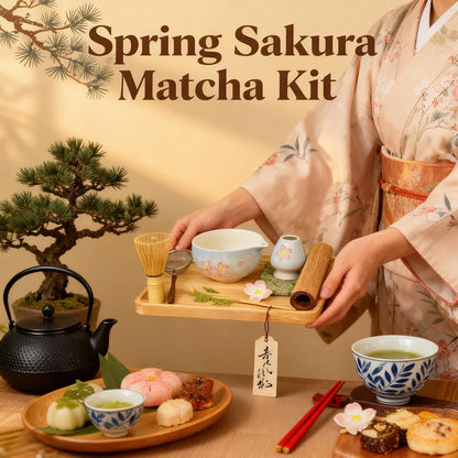 Complete matcha kit with ceramic bowl, bamboo whisk, whisk holder, scoop and sifter, designed for Japanese tea ceremony, daily matcha and gifts.