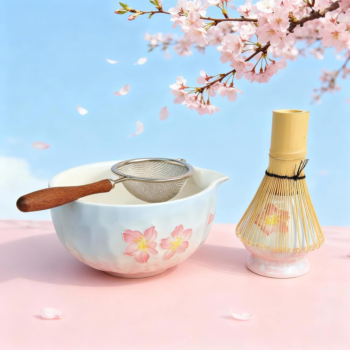 Complete matcha kit with ceramic bowl, bamboo whisk, whisk holder, scoop and sifter, designed for Japanese tea ceremony, daily matcha and gifts.