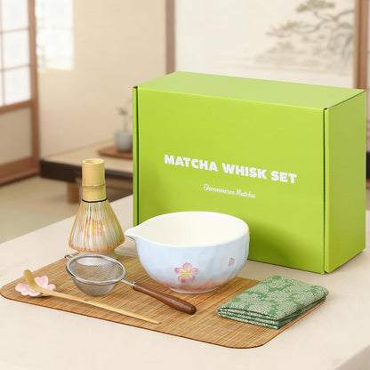 Complete matcha kit with ceramic bowl, bamboo whisk, whisk holder, scoop and sifter, designed for Japanese tea ceremony, daily matcha and gifts.