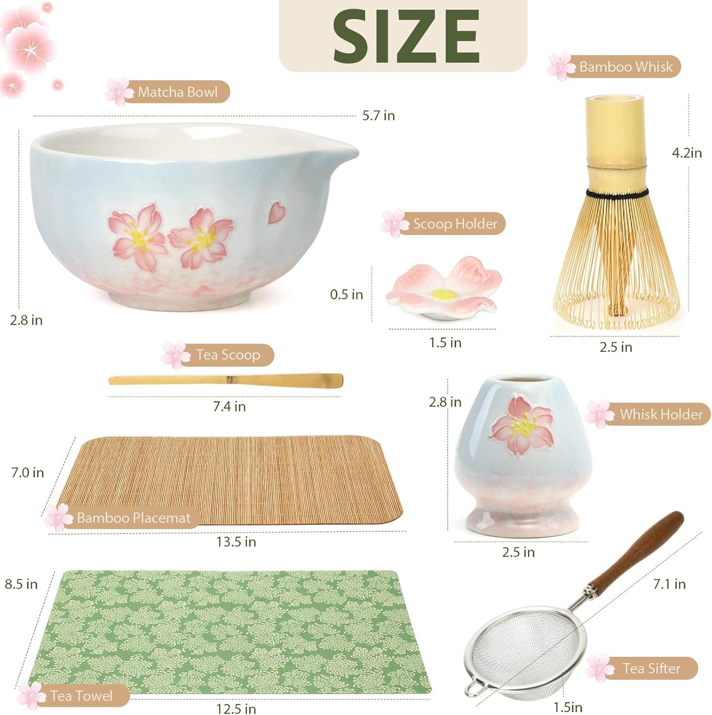 Complete matcha kit with ceramic bowl, bamboo whisk, whisk holder, scoop and sifter, designed for Japanese tea ceremony, daily matcha and gifts.