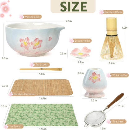 Complete matcha kit with ceramic bowl, bamboo whisk, whisk holder, scoop and sifter, designed for Japanese tea ceremony, daily matcha and gifts.