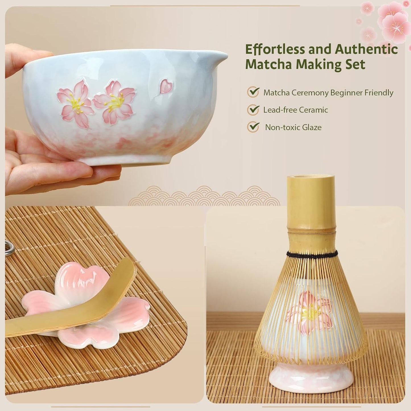 Complete matcha kit with ceramic bowl, bamboo whisk, whisk holder, scoop and sifter, designed for Japanese tea ceremony, daily matcha and gifts.