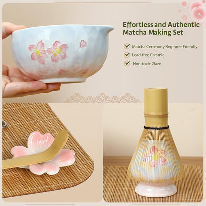 Complete matcha kit with ceramic bowl, bamboo whisk, whisk holder, scoop and sifter, designed for Japanese tea ceremony, daily matcha and gifts.