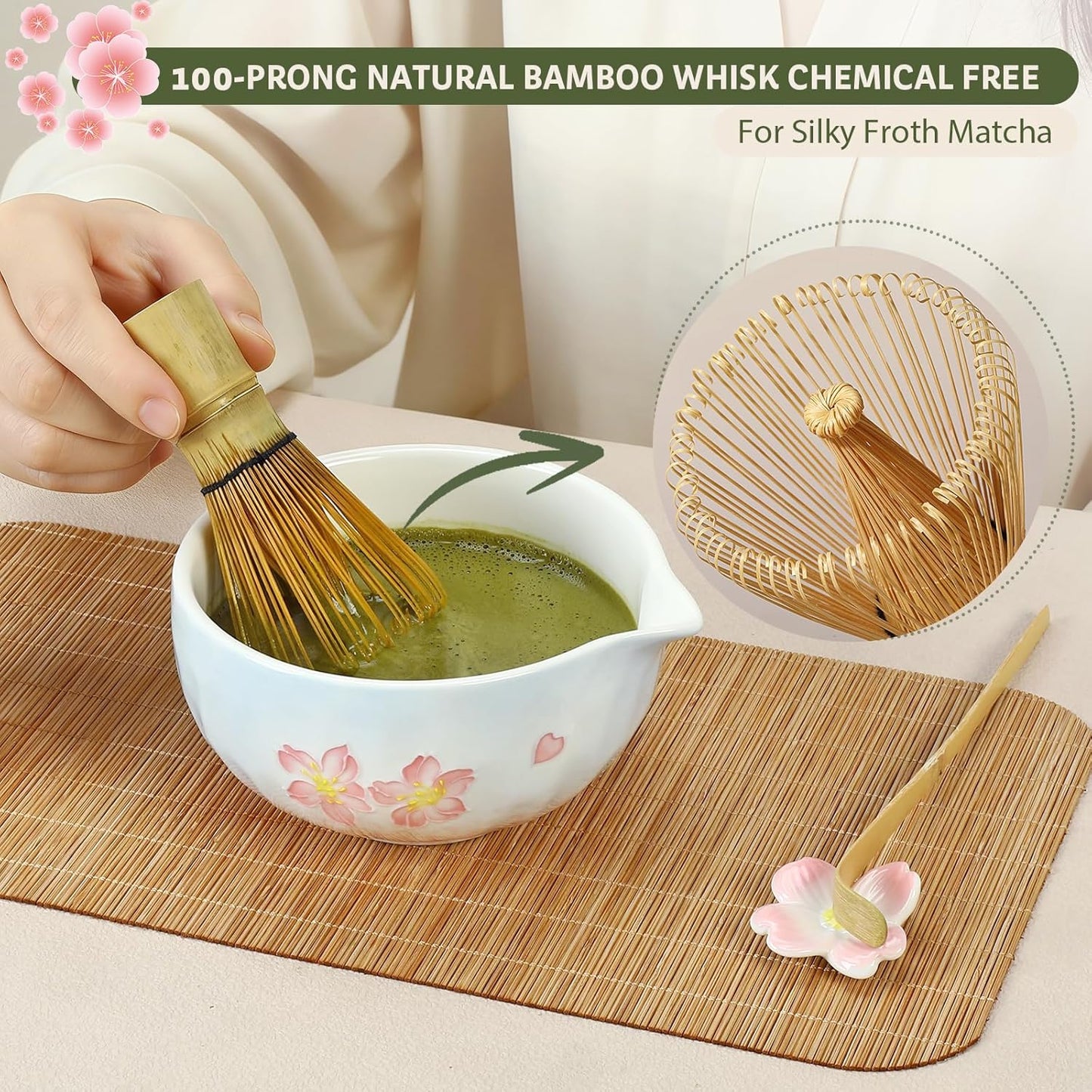 Complete matcha kit with ceramic bowl, bamboo whisk, whisk holder, scoop and sifter, designed for Japanese tea ceremony, daily matcha and gifts.