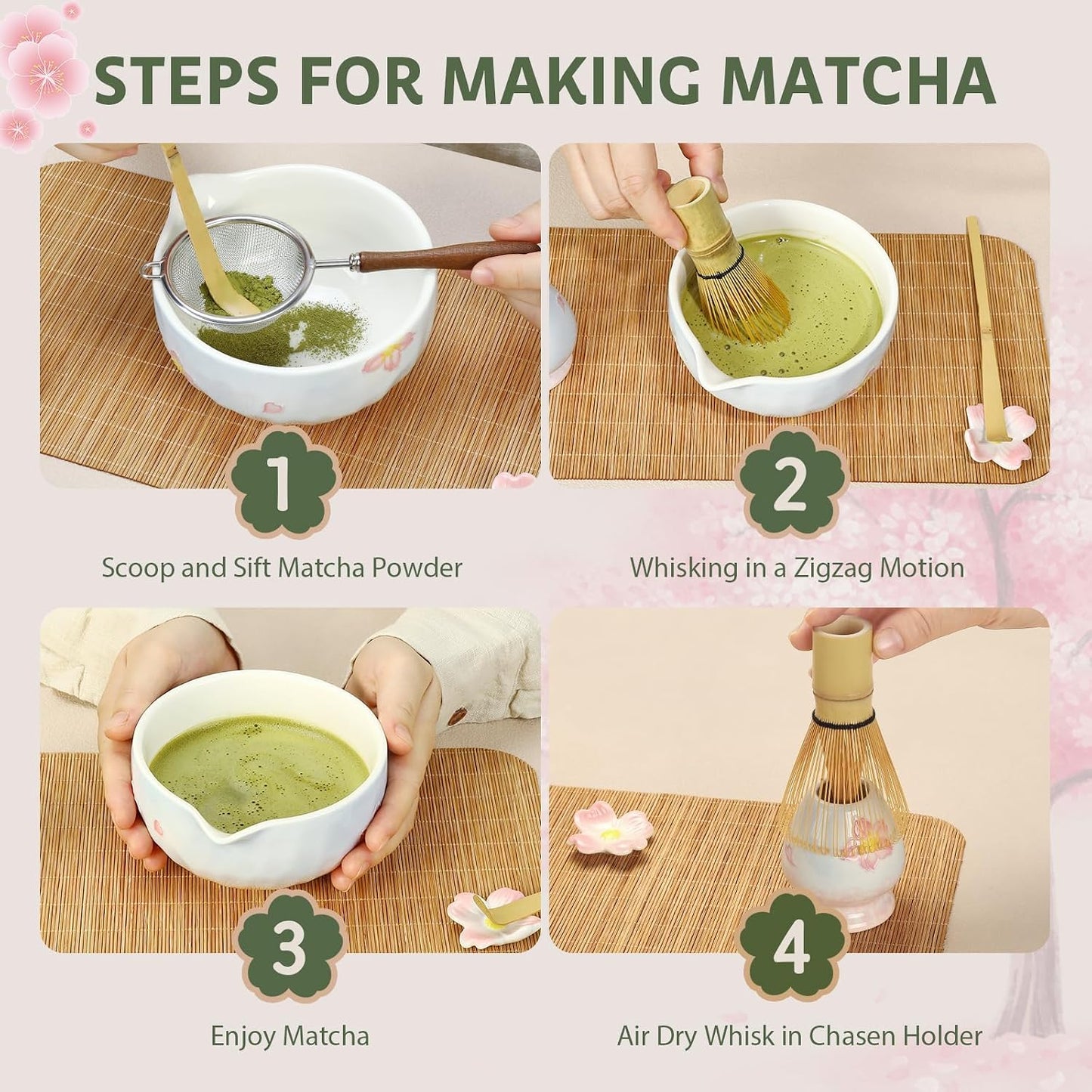 Complete matcha kit with ceramic bowl, bamboo whisk, whisk holder, scoop and sifter, designed for Japanese tea ceremony, daily matcha and gifts.