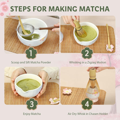 Complete matcha kit with ceramic bowl, bamboo whisk, whisk holder, scoop and sifter, designed for Japanese tea ceremony, daily matcha and gifts.