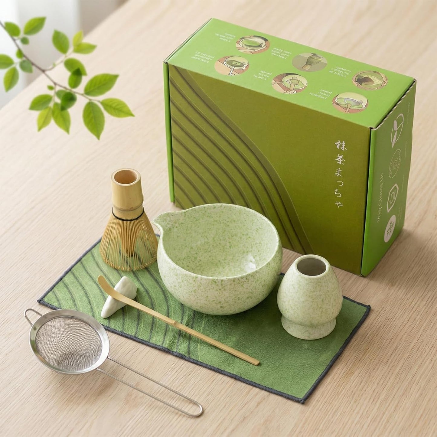 Complete matcha kit with ceramic bowl, bamboo whisk, whisk holder, scoop and sifter, designed for Japanese tea ceremony, daily matcha and gifts.