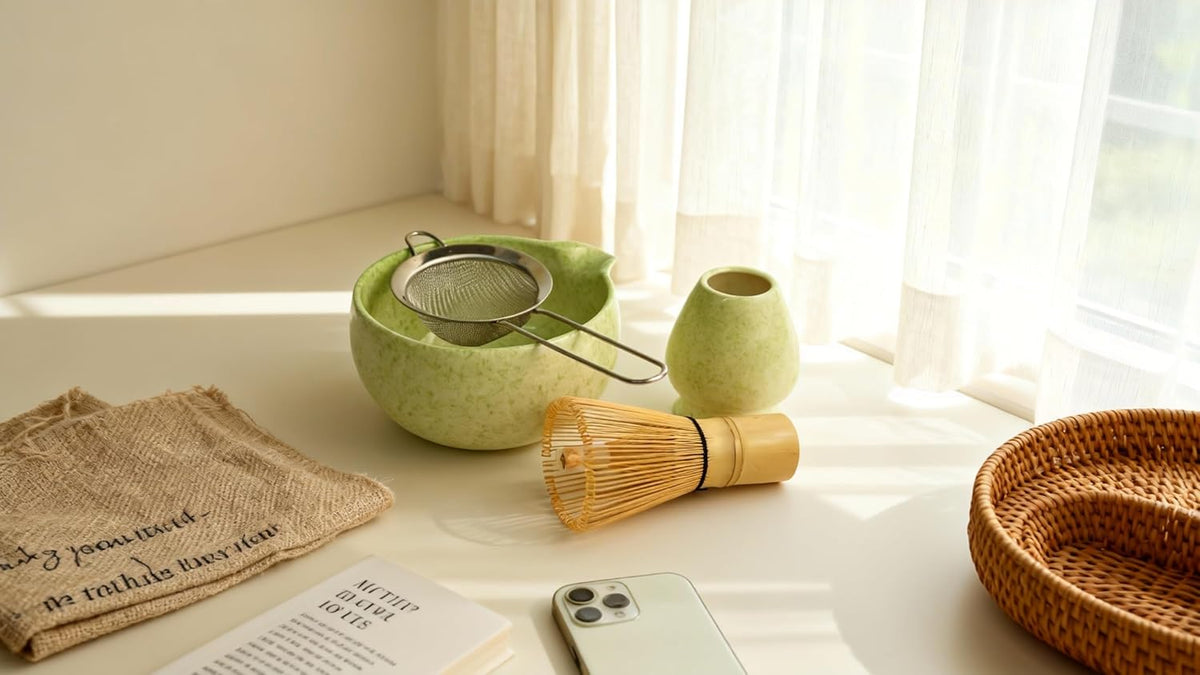 Complete matcha kit with ceramic bowl, bamboo whisk, whisk holder, scoop and sifter, designed for Japanese tea ceremony, daily matcha and gifts.