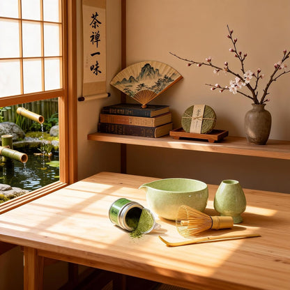 Complete matcha kit with ceramic bowl, bamboo whisk, whisk holder, scoop and sifter, designed for Japanese tea ceremony, daily matcha and gifts.