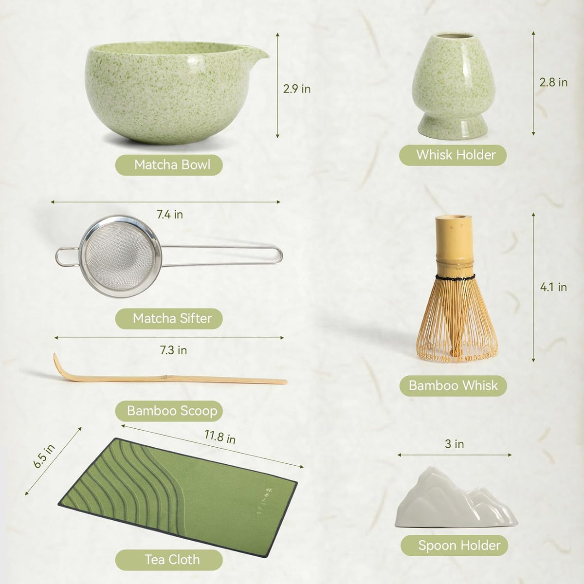 Complete matcha kit with ceramic bowl, bamboo whisk, whisk holder, scoop and sifter, designed for Japanese tea ceremony, daily matcha and gifts.