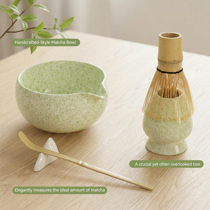 Complete matcha kit with ceramic bowl, bamboo whisk, whisk holder, scoop and sifter, designed for Japanese tea ceremony, daily matcha and gifts.
