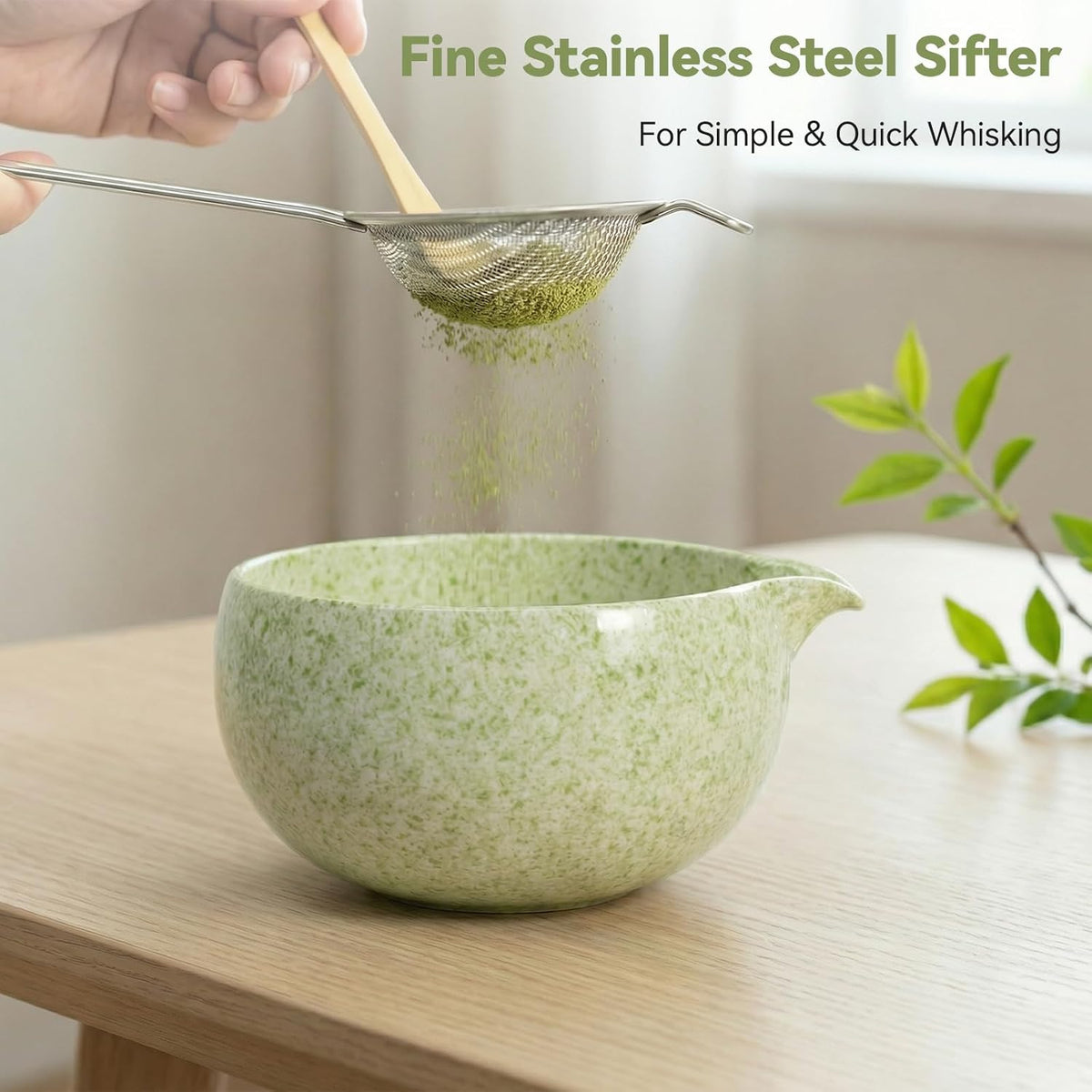 Complete matcha kit with ceramic bowl, bamboo whisk, whisk holder, scoop and sifter, designed for Japanese tea ceremony, daily matcha and gifts.