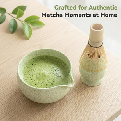 Complete matcha kit with ceramic bowl, bamboo whisk, whisk holder, scoop and sifter, designed for Japanese tea ceremony, daily matcha and gifts.