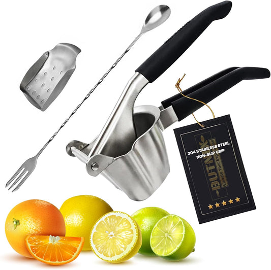 Lemon Squeezer, Stainless Steel 304 Hand Juicer, 3-in-1 Citrus Squeezer for Lemon Lime Orange, Manual Citrus Juicer with Cocktail Mixing Spoon, Non-Slip Grip, Life Time Warranty