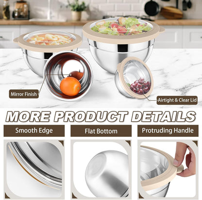 Mixing Bowl with Lid Set of 7, Stainless Steel Salad Bowls, Khaki