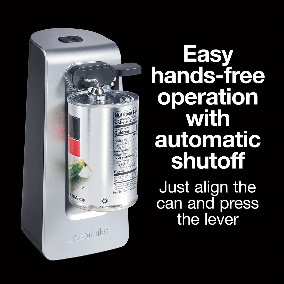 SureCut Electric Automatic Can Opener for Kitchen with Stainless Steel Blade, Twist-off Easy-Clean Lever, Cord Storage, Extra Tall, Silver (75225)