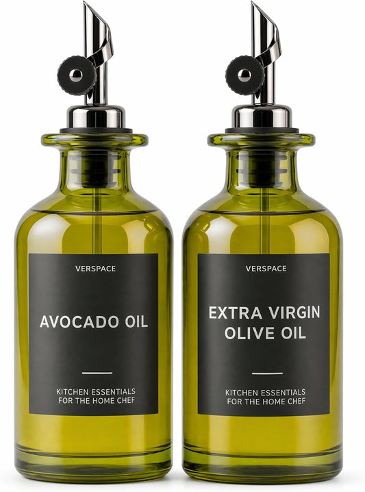 UV-Protected Green Glass Olive Oil Dispenser Bottles For Kitchen - 2 Pack - 12oz Includes 40 Kitchen Essential Labels, Avocado Oil Dispenser Set, Modern Decor for Home, Airbnb, Cafe