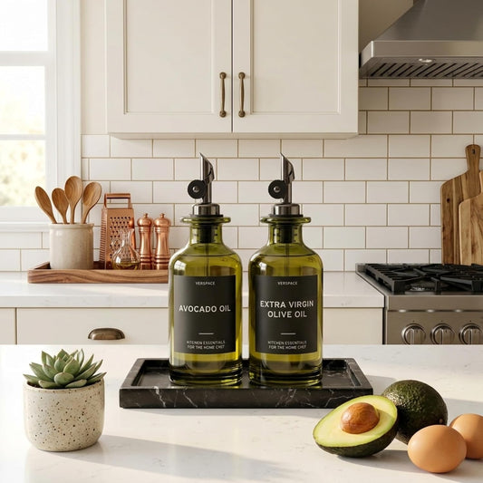 UV-Protected Green Glass Olive Oil Dispenser Bottles For Kitchen - 2 Pack - 12oz Includes 40 Kitchen Essential Labels, Avocado Oil Dispenser Set, Modern Decor for Home, Airbnb, Cafe