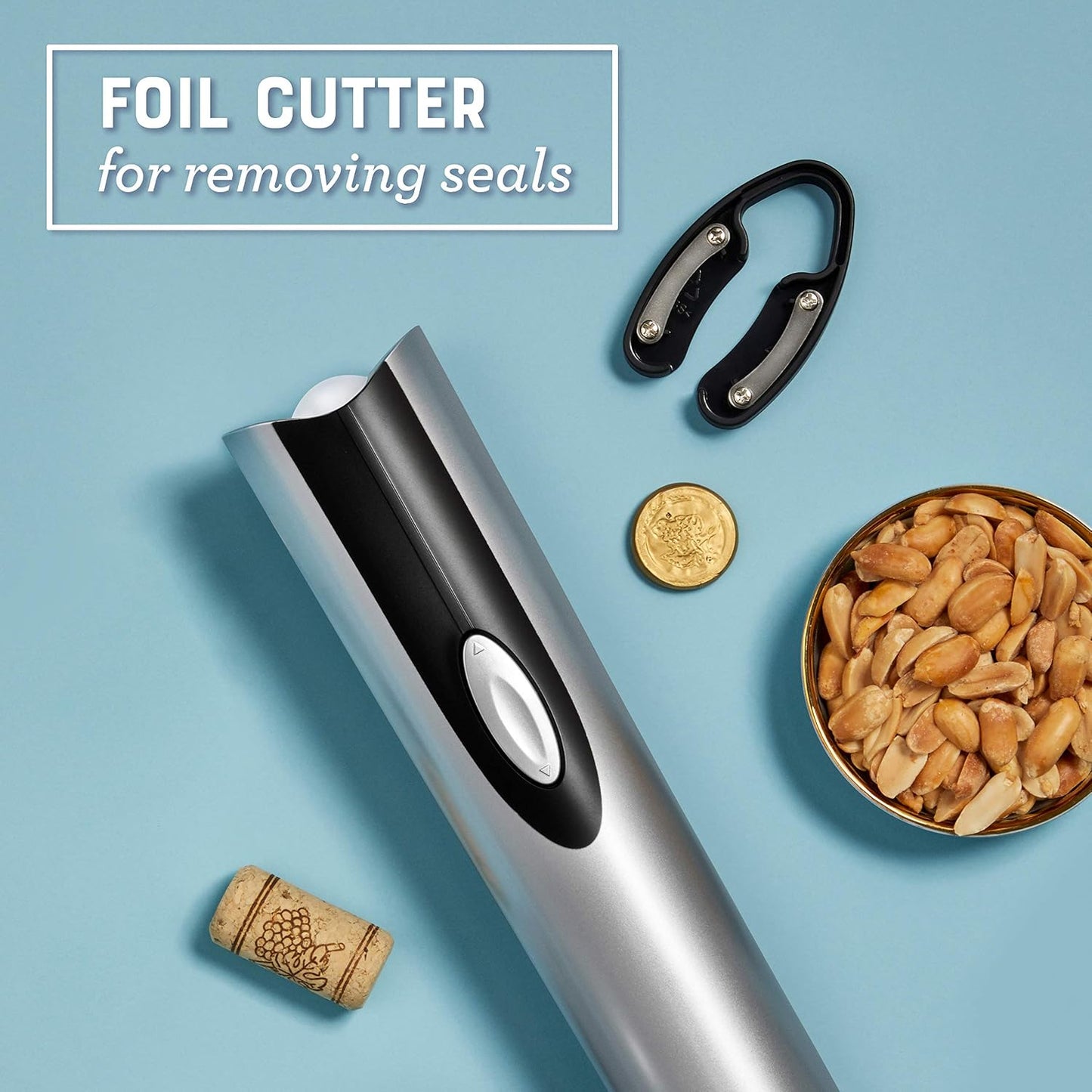Cordless Electric Wine Bottle Opener with Foil Cutter, Silver