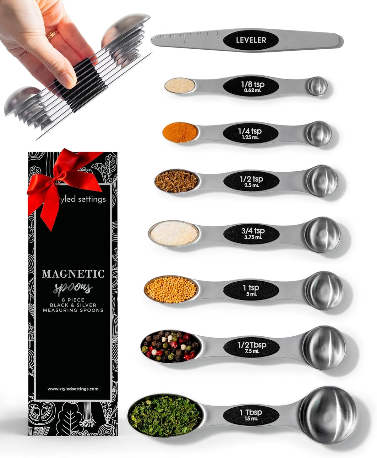 Stainless Steel Magnetic Measuring Spoons Set with Leveler | 8-Piece, Dual Sided, Stackable, BPA Free, Stainless Steel Measuring Spoons for Dry & Liquid Ingredient - Fits in Spice Jars