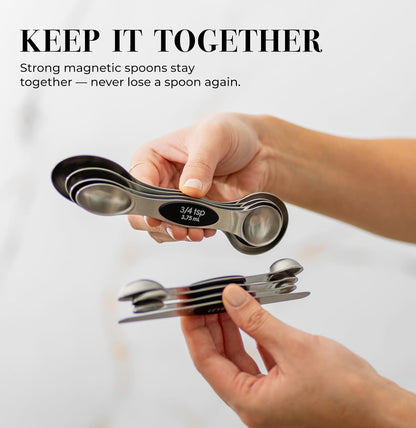 Stainless Steel Magnetic Measuring Spoons Set with Leveler | 8-Piece, Dual Sided, Stackable, BPA Free, Stainless Steel Measuring Spoons for Dry & Liquid Ingredient - Fits in Spice Jars