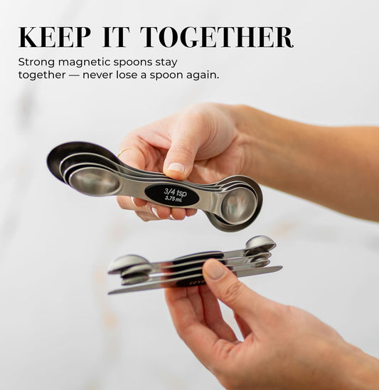 Stainless Steel Magnetic Measuring Spoons Set with Leveler | 8-Piece, Dual Sided, Stackable, BPA Free, Stainless Steel Measuring Spoons for Dry & Liquid Ingredient - Fits in Spice Jars