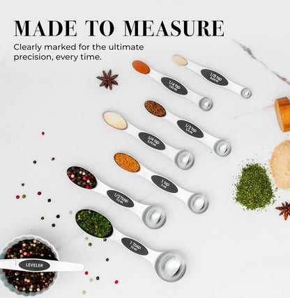 Stainless Steel Magnetic Measuring Spoons Set with Leveler | 8-Piece, Dual Sided, Stackable, BPA Free, Stainless Steel Measuring Spoons for Dry & Liquid Ingredient - Fits in Spice Jars