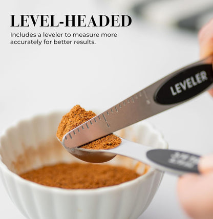 Stainless Steel Magnetic Measuring Spoons Set with Leveler | 8-Piece, Dual Sided, Stackable, BPA Free, Stainless Steel Measuring Spoons for Dry & Liquid Ingredient - Fits in Spice Jars