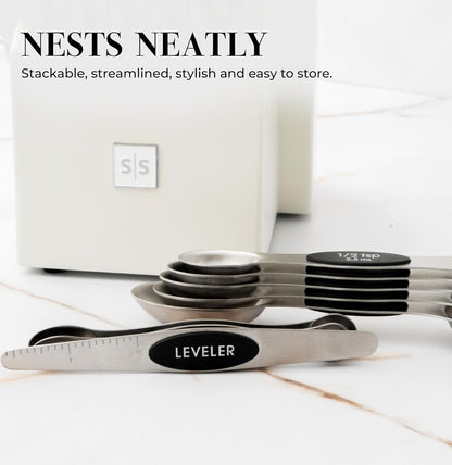 Stainless Steel Magnetic Measuring Spoons Set with Leveler | 8-Piece, Dual Sided, Stackable, BPA Free, Stainless Steel Measuring Spoons for Dry & Liquid Ingredient - Fits in Spice Jars