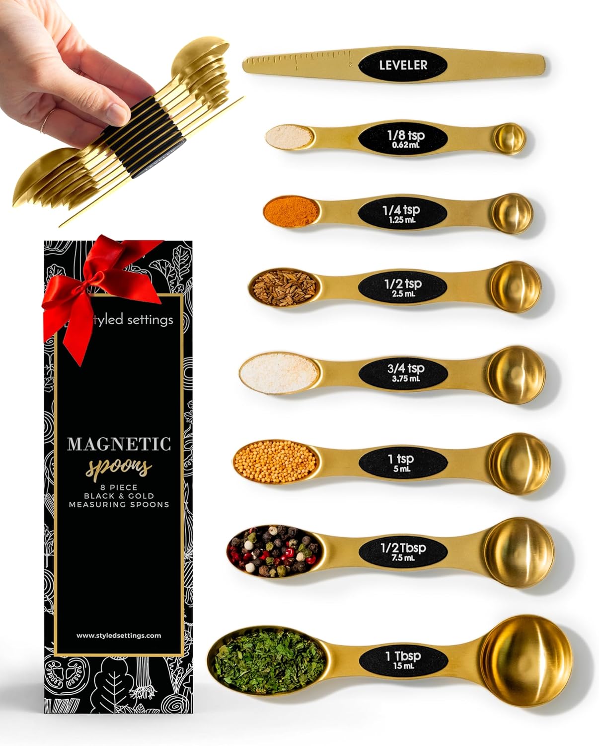 Stainless Steel Magnetic Measuring Spoons Set with Leveler | 8-Piece, Dual Sided, Stackable, BPA Free, Stainless Steel Measuring Spoons for Dry & Liquid Ingredient - Fits in Spice Jars