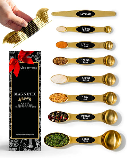 Stainless Steel Magnetic Measuring Spoons Set with Leveler | 8-Piece, Dual Sided, Stackable, BPA Free, Stainless Steel Measuring Spoons for Dry & Liquid Ingredient - Fits in Spice Jars
