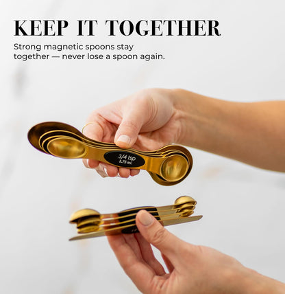 Stainless Steel Magnetic Measuring Spoons Set with Leveler | 8-Piece, Dual Sided, Stackable, BPA Free, Stainless Steel Measuring Spoons for Dry & Liquid Ingredient - Fits in Spice Jars