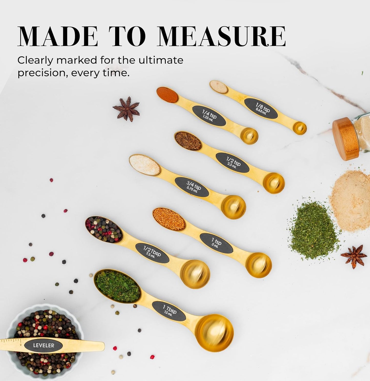 Stainless Steel Magnetic Measuring Spoons Set with Leveler | 8-Piece, Dual Sided, Stackable, BPA Free, Stainless Steel Measuring Spoons for Dry & Liquid Ingredient - Fits in Spice Jars