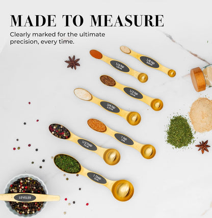 Stainless Steel Magnetic Measuring Spoons Set with Leveler | 8-Piece, Dual Sided, Stackable, BPA Free, Stainless Steel Measuring Spoons for Dry & Liquid Ingredient - Fits in Spice Jars