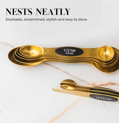 Stainless Steel Magnetic Measuring Spoons Set with Leveler | 8-Piece, Dual Sided, Stackable, BPA Free, Stainless Steel Measuring Spoons for Dry & Liquid Ingredient - Fits in Spice Jars