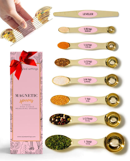 Stainless Steel Magnetic Measuring Spoons Set with Leveler | 8-Piece, Dual Sided, Stackable, BPA Free, Stainless Steel Measuring Spoons for Dry & Liquid Ingredient - Fits in Spice Jars
