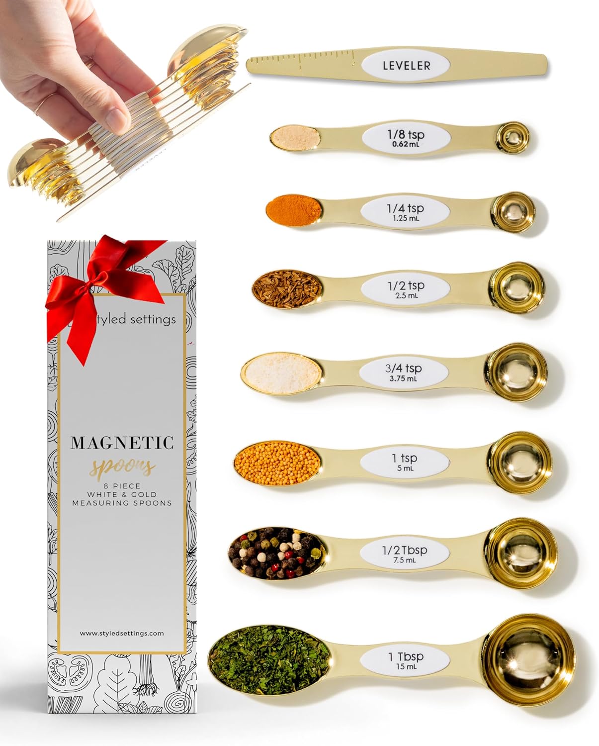 Stainless Steel Magnetic Measuring Spoons Set with Leveler | 8-Piece, Dual Sided, Stackable, BPA Free, Stainless Steel Measuring Spoons for Dry & Liquid Ingredient - Fits in Spice Jars