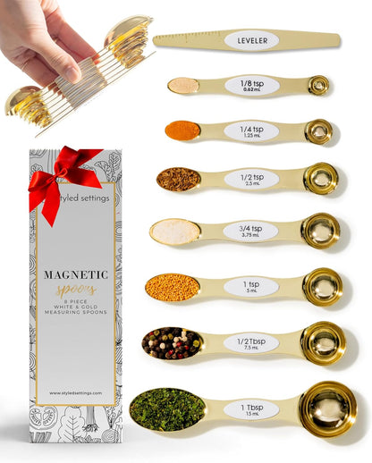 Stainless Steel Magnetic Measuring Spoons Set with Leveler | 8-Piece, Dual Sided, Stackable, BPA Free, Stainless Steel Measuring Spoons for Dry & Liquid Ingredient - Fits in Spice Jars