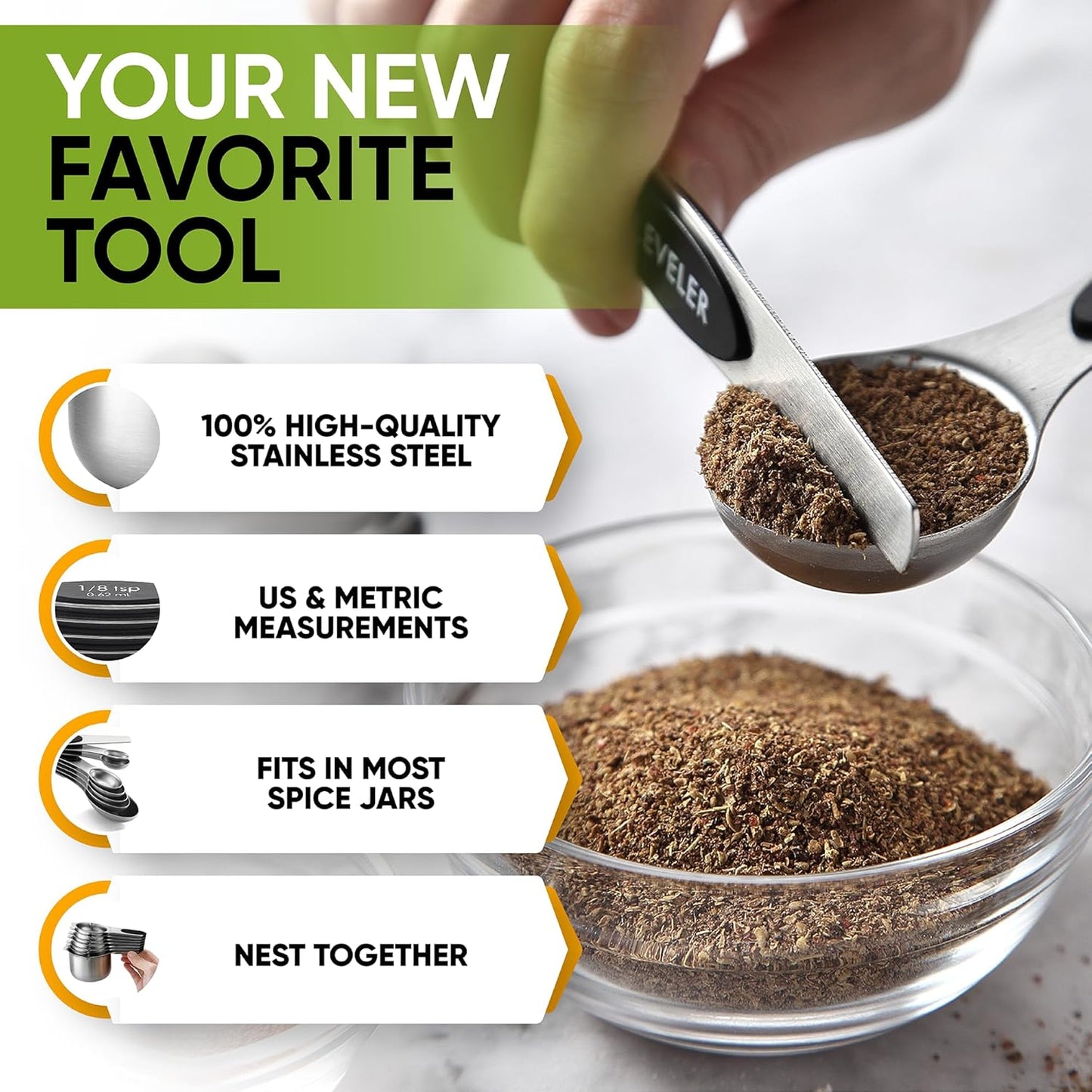 Magnetic Measuring Cups & Spoons Set, Patented, Strong N45 Magnets, Heavy Duty Stainless Steel Fits in Spice Jars for Baking & Cooking, BPA Free, Round Set of 15 with Leveler, Black