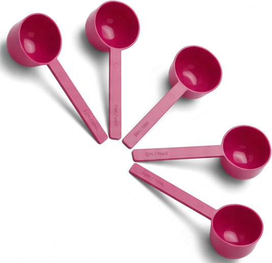 5g Plastic Measuring Spoons (10ml) – Pack of 5 mini Scoops for Protein Poweder, Creatine, Coffee, Lab, Baking, Laundry, Canisters, Dry Goods – 1 Teaspoon Measuring Spoons (tsp), Pink
