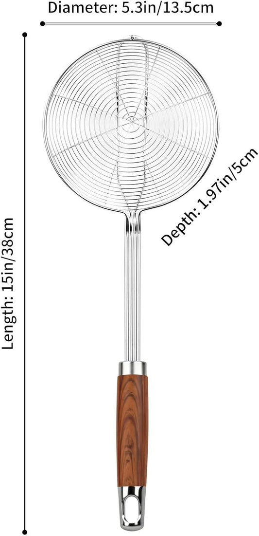 5.3" Stainless Steel Spider Strainer for Frying & Pasta | Sturdy Wire Basket, Long Heat Resistant Handle, Rustproof, For Frying Pasta Skimming, Dishwasher Safe, Multi-Use Kitchen Tool