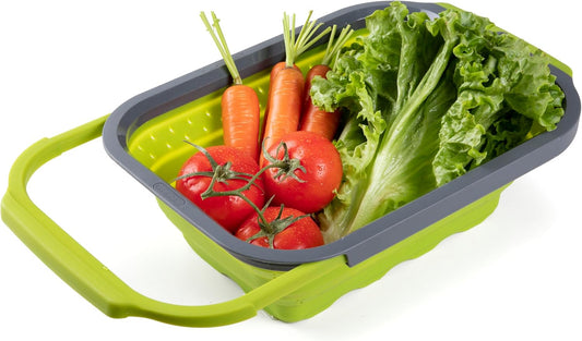 Collapsible Silicone Over-the-Sink 6- Qt Colander, Green/Black - Space-Saving Kitchen Strainer for Draining