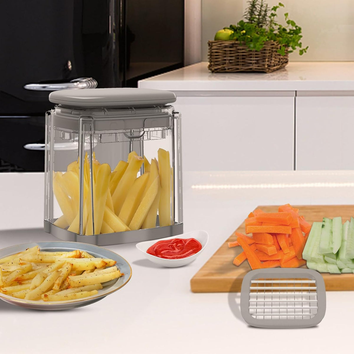 French Fry Cutter, Potato Onion Cutter, Professional Homestyle Vegetable Chopper Dicer, Great for Potatoes Carrots Cucumbers Zucchini Pepper (Fog Gray)