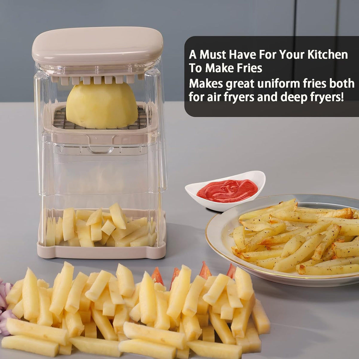 French Fry Cutter, Potato Onion Cutter, Professional Homestyle Vegetable Chopper Dicer, Great for Potatoes Carrots Cucumbers Zucchini Pepper (Fog Gray)
